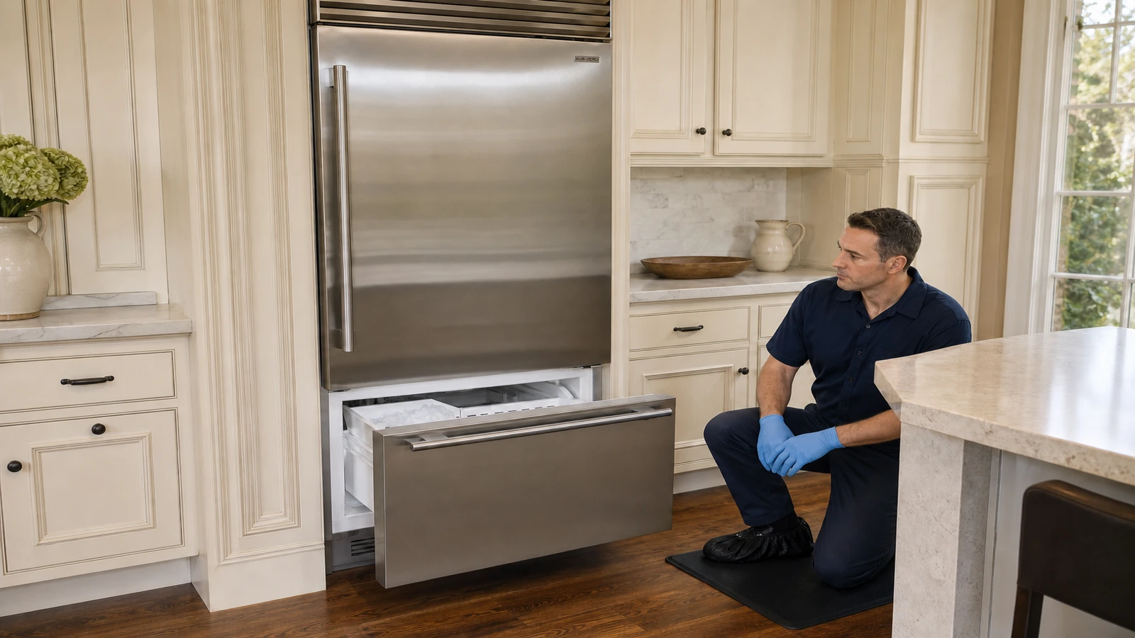 Undercounter ice maker prepared for a professional diagnostic visit